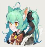  1girl ahoge animal_ears bow bowtie cat_ears cat_girl english_commentary girl_dm green_hair grey_background hair_between_eyes hair_bow indie_virtual_youtuber simple_background smile solo twintails upper_body virtual_youtuber watermark yellow_eyes zambiie 