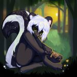  1:1 anthro artpuppie facial_piercing forest girly hi_res mae_peppermint male mammal mephitid nose_piercing piercing plant skunk solo sunset tree 