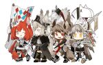  4girls :d ;q =3 animal_ears arknights armor ashlock_(arknights) black_footwear black_gloves black_skirt boots brown_eyes brown_hair chibi ear_covers ear_tag fartooth_(arknights) feather_hair flag flametail_(arknights) full_body gloves grey_hair hand_on_hip hand_up highres holding holding_flag holding_knife holding_polearm holding_weapon horse_ears horse_girl horse_tail jitome knife lance licking_lips long_hair looking_at_viewer mechanical_owl multiple_girls one_eye_closed open_mouth pleated_skirt polearm red_eyes red_hair shirt short_hair_with_long_locks sign simple_background skirt smile sparkle squirrel_ears squirrel_girl tail thigh_strap thighhighs thumbs_up tongue tongue_out visor_(armor) visor_lift walking weapon white_background white_gloves white_legwear white_shirt wild_mane_(arknights) yellow_eyes 