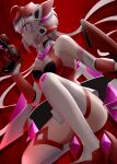  1girl absurdres blush breasts cleavage cleavage_cutout clothing_cutout crossbow elbow_gloves from_side galactic_small_yellow gloves grey_hair gun handgun highres holding holding_gun holding_weapon long_hair low_twintails medium_breasts parted_lips purple_eyes red_background red_footwear revolver senki_zesshou_symphogear solo squatting thighhighs twintails very_long_hair weapon white_gloves yukine_chris 