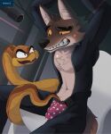  absurd_res anthro boxers_(clothing) canid canine canis clothing dreamworks duo feral hi_res huka male male/male mammal mr._snake_(the_bad_guys) mr._wolf_(the_bad_guys) reptile scalie snake teasing_with_tail the_bad_guys underwear wolf zipper_down 
