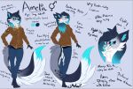  amelia_(ace124335) anfani_(artist) anthro bangs blep bottomwear canid canine canis clothing confidence confident denim denim_clothing fluffy girly hair herm highlights_(coloring) intersex jacket jeans long_hair long_tail mammal model_sheet pants pilot_jacket solo tongue tongue_out topwear wolf 