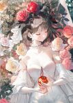  1girl apple black_hair breasts cleavage closed_eyes closed_mouth dress eye_(tearlessflower) flower food fruit grimlight holding holding_food holding_fruit leaf red_apple rose short_hair sleeping sleeve snow_white_(grimlight) solo strapless strapless_dress white_dress 