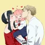  1boy 2girls anya_(spy_x_family) black_hair blonde_hair blush closed_eyes father_and_daughter hairband happy heart husband_and_wife kiss kissing_cheek miyuli mother_and_daughter multiple_girls pink_hair shoes socks spy_x_family twilight_(spy_x_family) yellow_background yor_briar 