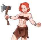  1girl abs absurdres axe bandages blue_eyes breasts earrings garbageman2077 highres jewelry muscular muscular_female original red_hair sarashi scar scar_across_eye scar_on_face small_breasts tattoo white_background 