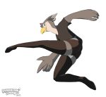  action_pose anthro avian beak bird black_clothing clothing dyna_(dynablade_savior) dynablade_savior feathers footwear grey_body grey_feathers hi_res legwear looking_at_viewer male pose simple_background socks solo tagme thigh_highs watermark white_background white_body white_feathers 