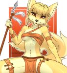  2021 anthro armband blonde_hair bottomwear bracelet breasts canid canine clothed clothing fangs fur hair haxxyramdhan hi_res holding_object holding_spear holding_weapon jewelry legband loincloth looking_at_viewer mammal melee_weapon polearm signature simple_background spear warrior weapon yellow_body yellow_fur 