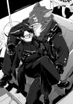  animal_ears arknights black_gloves black_hair capone_(arknights) coat couch crossed_legs full_body fur furry gambino_(arknights) gloves highres indoors iwashi_80 lying_on_person monochrome shoes short_hair sitting sweater tail turtleneck turtleneck_sweater wolf_boy wolf_ears wolf_tail 