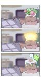  ambiguous_gender bed better_version_at_source blush duo eyes_closed feral furniture human land_forme_shaymin legendary_pok&eacute;mon lying mammal nintendo pizzle pok&eacute;mon pok&eacute;mon_(species) shaymin size_difference sky_forme_shaymin sleeping smaller_feral sound_effects transformation video_games zzz 