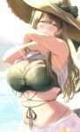  1girl :d armpits bangs bare_shoulders bikini blush breasts brown_eyes brown_hair cleavage collarbone fishnet_top fishnets green_bikini grin half-closed_eyes hat highres idolmaster idolmaster_shiny_colors kuwayama_chiyuki large_breasts light_rays long_hair looking_at_viewer navel shiny shiny_hair shiny_skin smile solo straw_hat sunlight swimsuit toho_(kihon_ha_yappa) undressing very_long_hair 