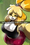  2022 animal_crossing anthro bodily_fluids canid canine canis clothed clothing dialogue digital_media_(artwork) domestic_dog english_text female hi_res isabelle_(animal_crossing) mammal musk nathanatwar nintendo open_mouth shih_tzu simple_background solo sweat text toy_dog video_games 