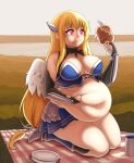  belly big_belly big_breasts blonde_hair breasts cakecatboy eating female food hair hi_res holding_belly humanoid kneeling meat overweight overweight_female picnic pink_eyes smile solo thick_thighs unknown_character winged_humanoid wings 