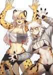  2girls absurdres against_glass animal_ears arms_up artist_name bikini blue_eyes breast_press breasts breasts_on_glass cheek_on_glass commentary commission cropped_hoodie furry furry_female hair_over_one_eye hand_on_glass highres hood hood_down hoodie large_breasts leopard_ears leopard_girl leopard_tail long_hair long_sleeves looking_at_viewer medium_hair multiple_girls navel one_eye_closed open_mouth original parted_lips pgm300 purple_eyes shorts simple_background strapless swimsuit tail teeth toned tongue tube_top watermark white_background white_hair 