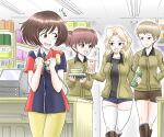  4girls ^^^ akiyama_yukari alisa_(girls_und_panzer) bangs barcode_scanner black_footwear black_shirt black_shorts blonde_hair blue_eyes blue_shirt blue_shorts boots bottle brown_eyes brown_hair brown_jacket cash_register circle_k_sunkus collared_shirt commentary convenience_store emblem employee_uniform food freckles girls_und_panzer hair_intakes hair_ornament hands_in_pockets harukai-i highres holding holding_bottle holding_food indoors jacket kay_(girls_und_panzer) knee_boots long_hair long_sleeves looking_at_another looking_back messy_hair military military_uniform multicolored_shirt multiple_girls naomi_(girls_und_panzer) open_clothes open_jacket open_mouth pants red_shirt saunders_military_uniform shirt shop short_hair short_shorts short_twintails shorts smile standing star_(symbol) star_hair_ornament sweatdrop thigh_gap thighhighs twintails uniform very_short_hair yellow_pants 