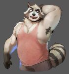  abs absurd_res anthro armpit_hair beard biceps blush body_hair bottomwear clothing doberoo eyebrows facial_hair fangs flexing grey_background hands_behind_head hi_res looking_at_viewer male male_focus mammal muscular open_mouth pants pecs portrait procyonid raccoon raised_arm shirt simple_background smile solo standing tank_top teeth thick_eyebrows three-quarter_portrait topwear 