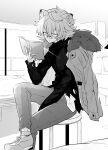  1boy ahoge animal_ears arknights bandaid bandaid_on_hand bear_boy bear_ears bishounen book crossed_legs fur_collar glasses hand_up highres indoors iwashi_80 jacket jaye_(arknights) male_focus monochrome reading short_hair sitting solo stool sweater turtleneck turtleneck_sweater 