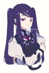  1girl 1other artist_name bangs bartender black_cat cat citron80citron fore hug jill_stingray long_hair necktie purple_hair red_eyes shirt twintails va-11_hall-a vest white_background white_shirt 