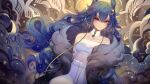  1girl artist_name blue_hair breasts cloud9 commentary detached_collar dragon_girl dragon_horns english_commentary eyebrows_visible_through_hair hair_between_eyes highres horns jacket long_hair looking_at_viewer medium_breasts multiple_horns red_eyes solo teoteku very_long_hair vienna_(vtuber) virtual_youtuber watermark 