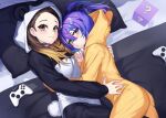  2girls bed blonde_hair blue_eyes breasts brown_hair commentary commission controller english_commentary game_controller gendo0032 grey_eyes hair_between_eyes hood hood_down hooded_pajamas long_sleeves looking_at_viewer lying melody_(projektmelody) multiple_girls pajamas pillow ponytail purple_hair real_life vshojo 