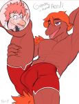  adam_(gvh) anthro bodily_fluids bottomwear bulge clothed clothing dinosaur dripping dromaeosaurid duo english_text genital_fluids goodbye_volcano_high hair hi_res hotpants humanoid long_snout male muscular muscular_male narija open_mouth orange_hair pink_body pink_hair precum precum_drip precum_through_clothing presenting reed_(gvh) reptile scalie shorts snoot_game_(fan_game) snout sweat text theropod velociraptor video_games wet wet_clothing 