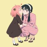  2girls anya_(spy_x_family) black_dress black_hair blush boots closed_eyes dress hairband heart high_heel_boots high_heels kiss kissing_cheek kneeling miyuli mother_and_daughter multiple_girls pink_dress pink_hair shoes socks spy_x_family yellow_background yor_briar 