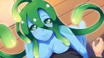  1boy 1girl ahoge artist_request bangs blue_skin blue_slime blush breasts colored_skin game_cg green_eyes green_hair hair_between_eyes hug long_hair looking_at_viewer monster_girl monster_musume_no_iru_nichijou monster_musume_no_iru_nichijou_online official_art pov slime_girl small_breasts smile suu_(monster_musume) tentacle_hair very_long_hair 