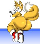  absurd_res anthro big_butt blue_eyes butt canid canine clothing dipstick_tail footwear fox gloves handwear hi_res holding_object holding_tool holding_wrench huge_butt looking_at_viewer looking_back male mammal markings miles_prower nude open_mouth sega shoes solo sonic_the_hedgehog_(series) tail_markings thick_thighs tools wit_1 wrench yellow_body 