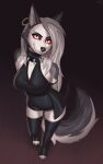  2022 anthro canid canid_demon claws clothed clothing collar demon digital_media_(artwork) eyebrows eyelashes female hair hellhound helluva_boss hi_res legwear long_hair looking_at_viewer loona_(helluva_boss) mammal piercing red_sclera simple_background smile solo spiked_collar spikes sukiskuki toe_claws 