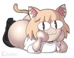 :3 absurd_res animal_humanoid anthro big_butt bottomless brown_eyes butt cat_humanoid clothed clothing felid felid_humanoid feline feline_humanoid female footwear hair hi_res huge_butt humanoid inner_ear_fluff knee_highs knee_socks legwear looking_at_viewer lying mammal mammal_humanoid neco-arc on_front shirt smile socks solo tan_hair topwear tuft white_body white_skin wit_1 