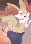  absurd_res ambiguous_gender anthro blush bodily_fluids braixen butt canid canine cum cum_on_butt cum_on_own_penis cum_on_penis cum_on_self cumshot ejaculation erection fur genital_fluids genitals hi_res hot_dogging human human_on_anthro humanoid_genitalia humanoid_penis inner_ear_fluff interspecies male male/ambiguous mammal nintendo penetration penis pok&eacute;mon pok&eacute;mon_(species) pok&eacute;philia sarox smile tuft video_games yellow_body 