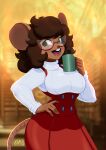  2022 anthro blurred_background brown_body brown_hair buckteeth eyewear female glasses green_eyes hair hand_on_hip hi_res holding_mug holding_object inside looking_aside mammal margaret_de_campos mice_tea mouse mug murid murine open_mouth red_eyewear red_glasses rodent smile solo teeth tovio_rogers 