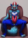  2_penises abs anthro blue_body blue_fur canid digital_media_(artwork) erection fur general-irrelevant genitals grey_background hi_res horn male mammal multi_genitalia multi_penis muscular muscular_male penis red_horn red_nose simple_background sitting_in_chair smile solo spread_legs spreading visor whiskers 