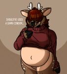  2022 angry anthro antlers big_breasts bodily_fluids breasts brown_body brown_fur cervid cervine clothed clothing cloven_hooves ella_(gooeykazoo) english_text female fur gooeykazoo hair hair_over_eyes half-length_portrait hi_res hooves horn lactating lactating_through_clothing mammal portrait pregnant red_hair simple_background solo sparkles speckled speckles sweater tan_body tan_fur text thick_thighs topwear upset wet wet_clothing wide_hips 