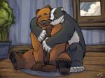  2022 anthro badger black_body black_fur black_nose brown_body brown_fur detailed_background duo embrace eyes_closed fur hi_res hug hugging_from_behind humanoid_hands inside k-9 male mammal mustelid musteline sitting slightly_chubby ursid white_body white_fur 