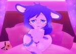  absurd_res anthro bed bedroom_eyes blue_eyes blue_hair bodily_fluids breasts carrudra chibi female fingering furniture genitals hair hi_res lagomorph mammal narrowed_eyes paws pillow pussy seductive small_breasts solo sweat vaginal vaginal_fingering white_body 