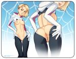  1girl adapted_costume anus ass asymmetrical_hair backboob blonde_hair breasts erotibot eyebrow_piercing gwen_stacy hands_on_hips head_out_of_frame hood hood_down leaning_forward looking_at_viewer marvel navel open_mouth piercing pussy reverse_outfit shrug_(clothing) sidecut smile spider-gwen spider-man:_into_the_spider-verse spider-man_(series) spider_web_background spider_web_print standing stomach thigh_gap toned tongue tongue_out tooth_gap uncensored 