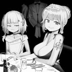  2girls bare_shoulders breast_envy breasts choker cleavage cup cutlery dress drinking_glass evening_gown food fork formal gawr_gura gown highres hololive hololive_english knife monochrome multiple_girls parody short_hair suit table tattoo virtual_youtuber waiter watson_amelia wllmagic 