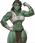  1girl abs absurdres bandaged_hand bandages brown_hair colored_skin female_orc flexing green_skin hand_on_hip highres loincloth m4rjinn muscular muscular_female orc original pointy_ears pose sarashi tattoo thick_thighs thighs tusks white_background yellow_eyes 