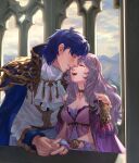  1boy 1girl :d a_(user_vtsy8742) armor ascot blue_hair breasts bridal_gauntlets circlet cleavage closed_eyes cloud cloudy_sky collar collarbone couple deirdre_(fire_emblem) fire_emblem fire_emblem:_genealogy_of_the_holy_war hetero highres holding_hands husband_and_wife light_purple_hair long_hair long_sleeves looking_at_another medium_breasts open_mouth shoulder_armor sigurd_(fire_emblem) sky smile upper_body 