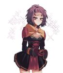  1girl bernadetta_von_varley black_dress breasts cleavage cowboy_shot dress eine_(eine_dx) eyeshadow fire_emblem fire_emblem:_three_houses fire_emblem_warriors:_three_hopes forehead gloves highres long_sleeves looking_at_viewer makeup purple_eyes purple_gloves purple_hair short_dress short_hair solo standing 