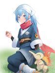  1girl aisu_(icicleshot) akari_(pokemon) akari_(pokemon)_(cosplay) blue_eyes blue_hair cosplay cyndaquil holding holding_poke_ball indie_virtual_youtuber japanese_clothes mizukami_ice poke_ball pokemon pokemon_(creature) pokemon_(game) pokemon_legends:_arceus red_scarf scarf smile virtual_youtuber white_headwear 