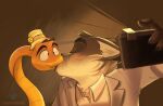  anthro blush canid canine canis clothed clothing dreamworks duo feral fur hat headgear headwear hi_res kissing lemontearza male male/male mammal mr._snake_(the_bad_guys) mr._wolf_(the_bad_guys) reptile scales scalie shirt snake the_bad_guys topwear wolf 