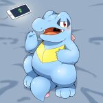  absurd_res anthro bed bedroom_eyes belly blue_body blue_scales blush cellphone furniture hi_res lying narrowed_eyes naughty_face nintendo on_back phone pok&eacute;mon pok&eacute;mon_(species) scales seductive slightly_chubby smartphone solo tatu_wani_(artist) totodile video_games 