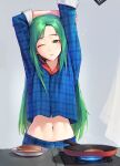  1girl absurdres alaskastomatoez arms_up blue_pajamas commission contemporary cooking fire_emblem fire_emblem:_path_of_radiance fire_emblem:_radiant_dawn food green_eyes green_hair highres long_hair long_sleeves midriff navel nephenee_(fire_emblem) no_headwear no_helmet one_eye_closed outstretched_arms pajamas pancake pixiv_request simple_background sleepwear solo 