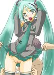  aqua_hair assisted_exposure hatsune_miku hetero imminent_rape long_hair necktie no_panties panties panty_pull pussy skirt skirt_lift solo_focus thighhighs twintails underwear very_long_hair vocaloid 