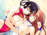  asymmetrical_docking black_hair blush braid breast_press breasts breasts_outside brown_hair closed_eyes cum cum_on_body cum_on_breasts cum_on_hair cum_on_upper_body dead_or_alive facial from_above highres iizuki_tasuku kasumi_(doa) large_breasts lei_fang multiple_girls nipples open_mouth water 