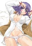  adjusting_hair after_sex arms_up blush breasts cleavage covered_nipples cum cum_on_body cum_on_lower_body dress_shirt fate/stay_night fate_(series) groin hair_in_mouth head_tilt large_breasts long_hair lying matou_sakura navel no_bra no_pants on_back open_clothes open_shirt panties panty_pull purple_eyes purple_hair q-gaku shirt solo underwear vest white_panties 