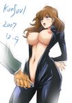  1girl bdsm biker_clothes bikesuit black_bodysuit bodysuit breasts brown_hair green_jacket hetero huge_breasts jacket konkitto latex lupin_iii mine_fujiko pubic_hair shiny shiny_clothes simple_background skin_tight solo_focus unzipping 