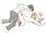  1girl bunny clothed_male_nude_female commentary copyright_request couple gloves hetero lowres nude ryuko_azuma sex shijuuhatte shirtless sketch socks stuffed_animal stuffed_bunny stuffed_toy traditional_media 