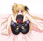  bed blonde_hair cameltoe fat_mons fate_testarossa long_hair lyrical_nanoha mahou_shoujo_lyrical_nanoha red_eyes scarlet solo twintails 